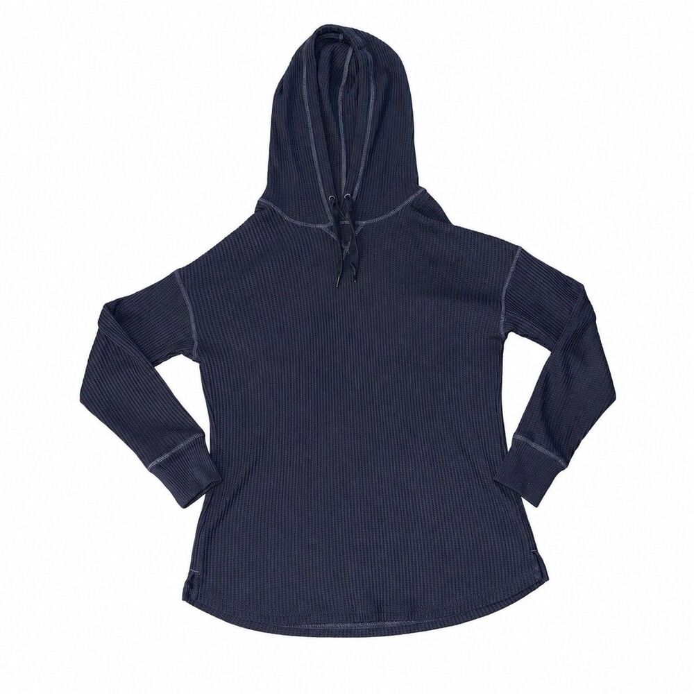 LL Bean Hoodie Womens Small Petite Navy Waffle Knit Thermal Pullover - Picture 2 of 5